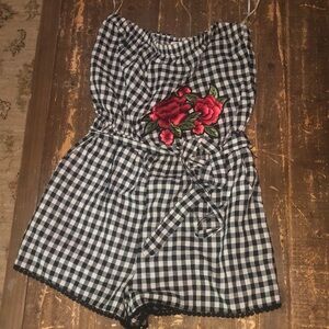 Black and White Check Shorts Romper with Floral Appliqué